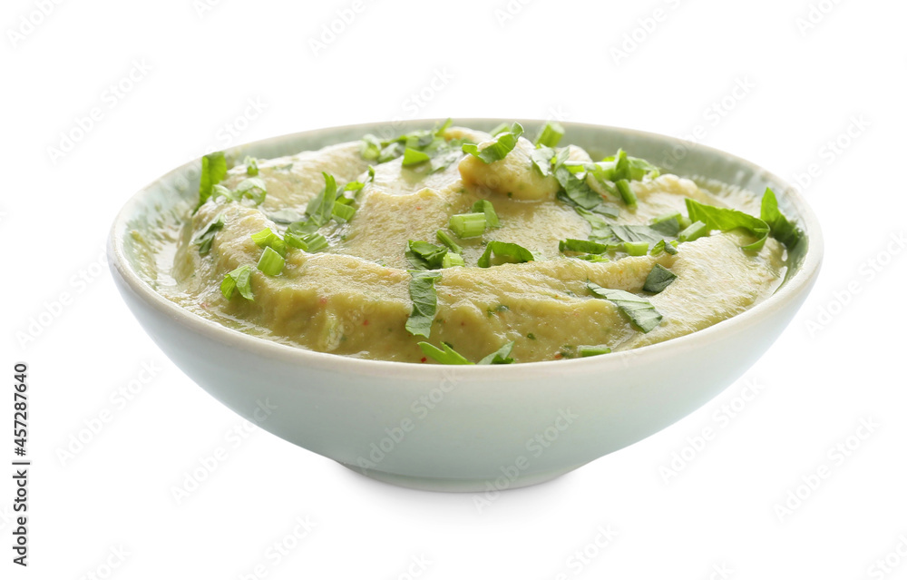 Bowl with tasty baba ghanoush on white background Bowl with tasty baba ghanoush on white background