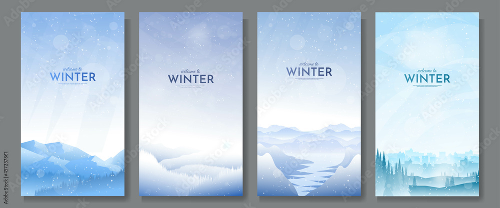 Vector illustration. Flat winter landscape. Snowy backgrounds set. Snowdrifts. Snowfall. Clear blue sky. Blizzard. Design elements for card, invitation, social media stories, discount voucher, flyers