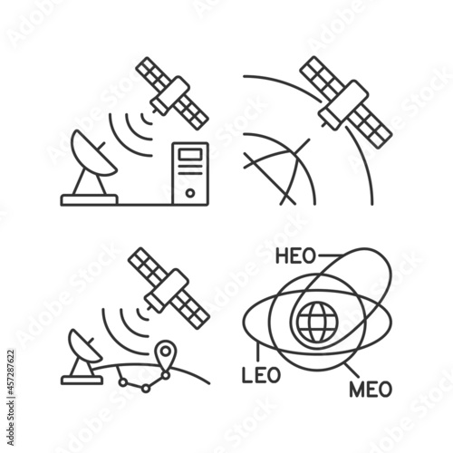 Satellite radionavigation linear icons set. Transmission Control Protocol standarts. Satellite orbits. Customizable thin line contour symbols. Isolated vector outline illustrations. Editable stroke