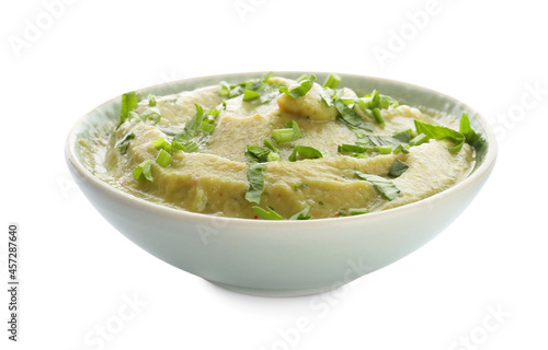 Bowl with tasty baba ghanoush on white background