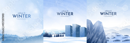 Vector illustration. Flat winter landscape. Snowy backgrounds set. Snowdrift. Snowfall. Clear blue sky. Blizzard. Cold weather. Winter season. Design elements for social media, blog post, web template