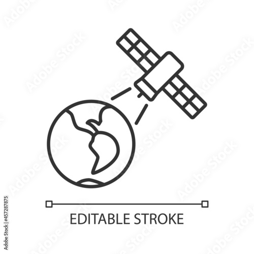 Earth observation process linear icon. Terrestial surface investigation by artifial satelite. Thin line customizable illustration. Contour symbol. Vector isolated outline drawing. Editable stroke