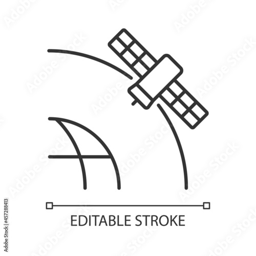 Geostationary Satellite linear icon. Rotation of celestial bodies in geostationary orbit. Thin line customizable illustration. Contour symbol. Vector isolated outline drawing. Editable stroke