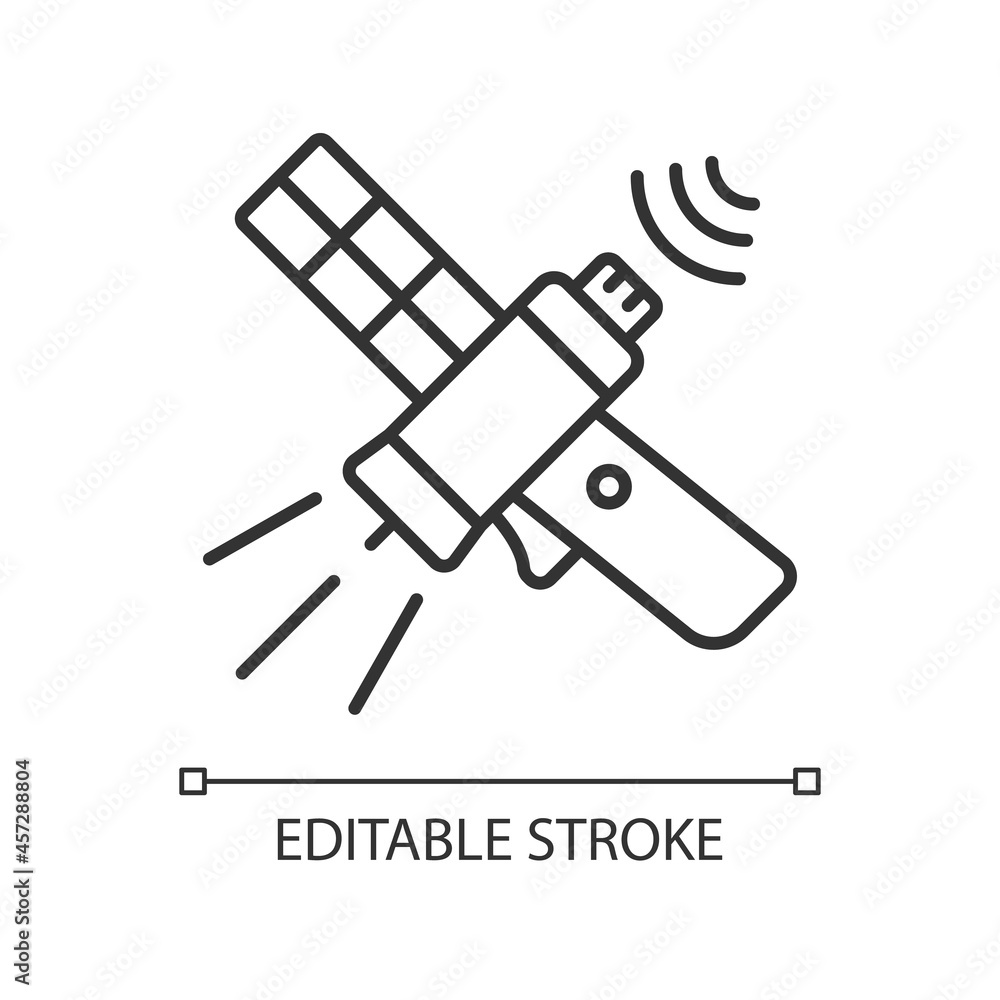 Communications satellite linear icon. Telecommunications network. Transmiting signal satelite. Thin line customizable illustration. Contour symbol. Vector isolated outline drawing. Editable stroke