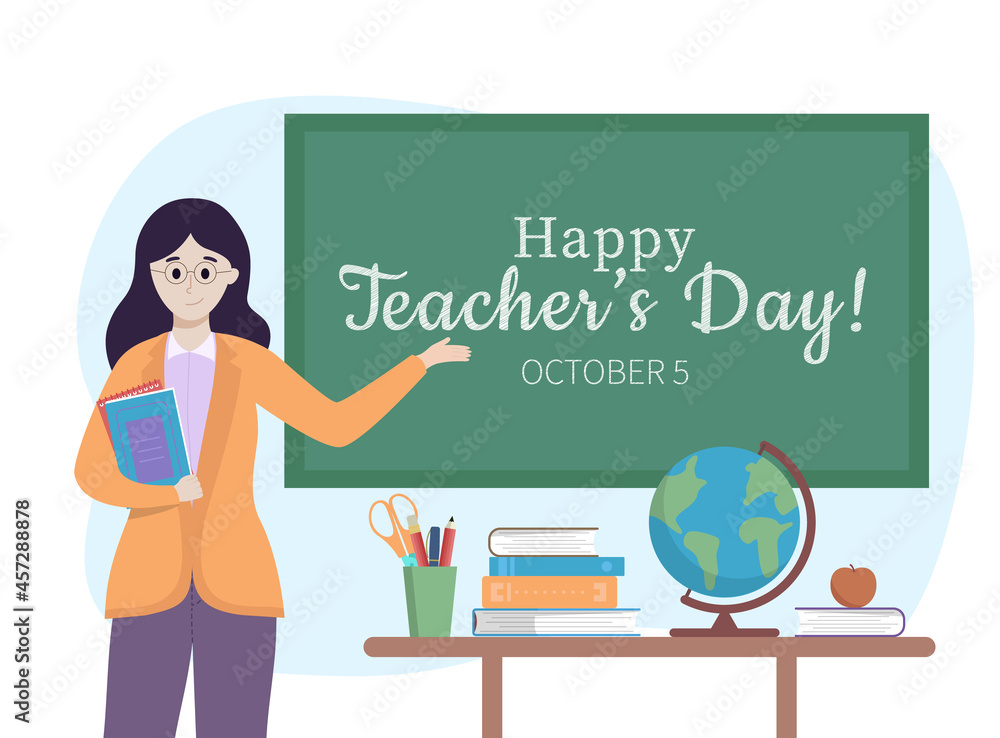World teacher's day banner concept. Pretty young woman explain gesture to chalkboard, table with stationery, apple and globe. International world holiday. Creative vector illustration World teacher's day banner concept. Pretty young woman explain gesture to chalkboard, table with stationery, apple and globe. International world holiday. Creative vector illustration