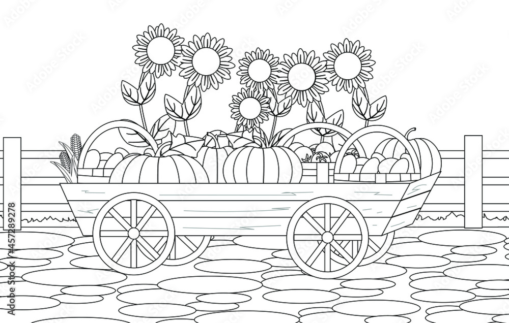 Coloring book with a harvest of pumpkins, corn, tomatoes in a cart and sunflowers. Thanksgiving day. Vector illustration.