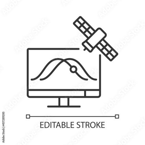 Satellite tracking linear icon. Artificial satelites orbits observation through application. Thin line customizable illustration. Contour symbol. Vector isolated outline drawing. Editable stroke photo