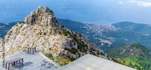 Landscape aerial view of Isola d'Elba seen from the top of Monte Capanne the highest peak in the island, reachable by cableway.
