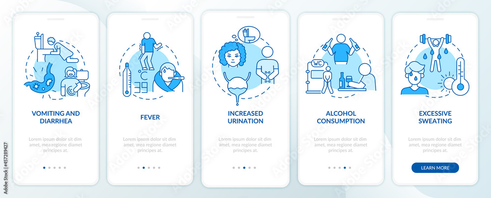 Dehydration causes blue onboarding mobile app page screen. Loss of water factors walkthrough 5 steps graphic instructions with concepts. UI, UX, GUI vector template with linear color illustrations