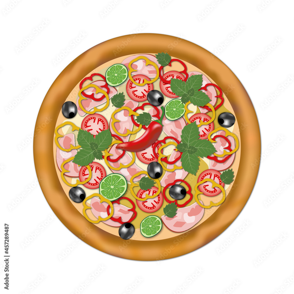 Fresh pizza with tomatoes, olives, ham, pepper, lime, basil Fresh pizza with tomatoes, olives, ham, pepper, lime, basil