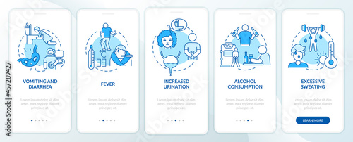 Dehydration causes blue onboarding mobile app page screen. Loss of water factors walkthrough 5 steps graphic instructions with concepts. UI, UX, GUI vector template with linear color illustrations