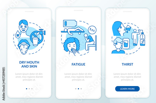Dehydration symptoms blue onboarding mobile app page screen. Signs of fluid loss walkthrough 3 steps graphic instructions with concepts. UI, UX, GUI vector template with linear color illustrations