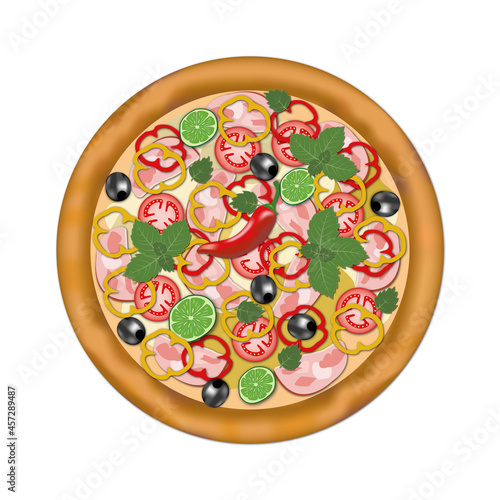 Fresh pizza with tomatoes, olives, ham, pepper, lime, basil
