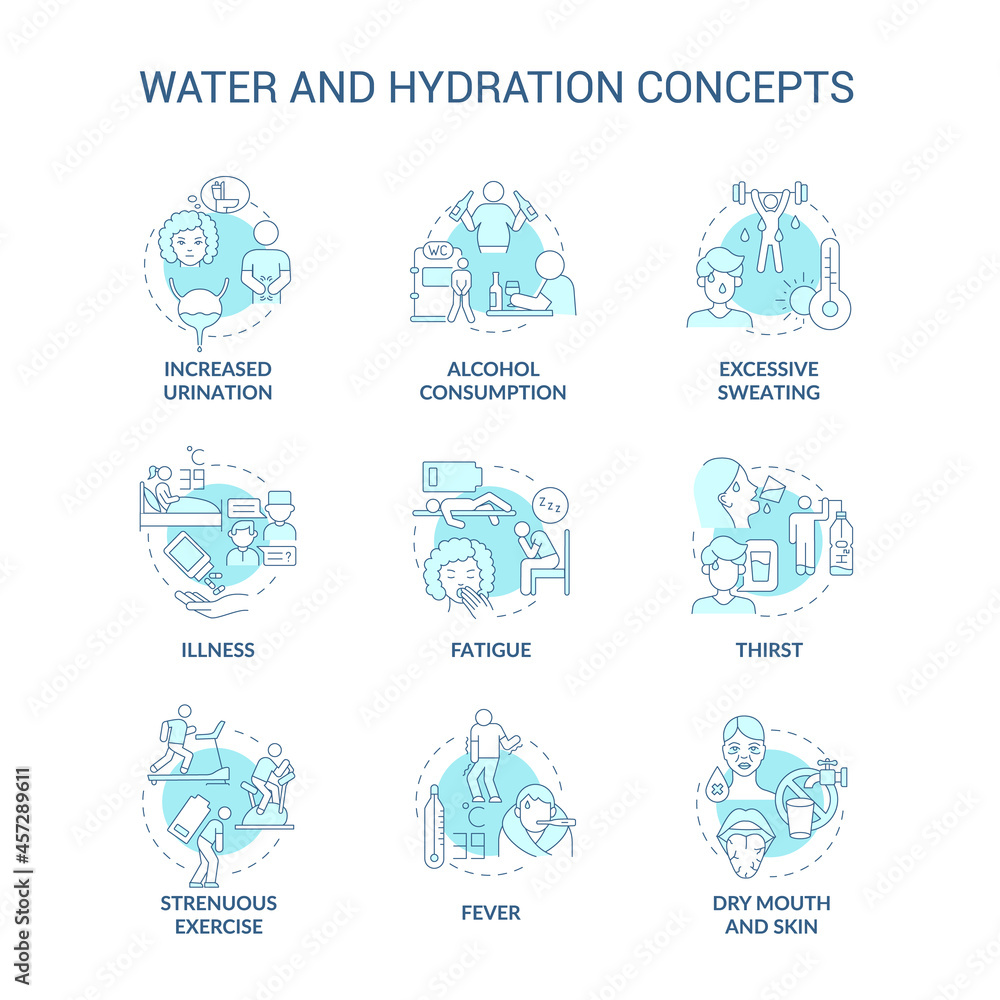 Water and hydration blue concept icons set. Dehydration symptoms. Additional liquid consumption. Water balance idea thin line color illustrations. Vector isolated outline drawings. Editable stroke