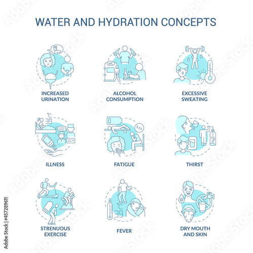 Water and hydration blue concept icons set. Dehydration symptoms. Additional liquid consumption. Water balance idea thin line color illustrations. Vector isolated outline drawings. Editable stroke