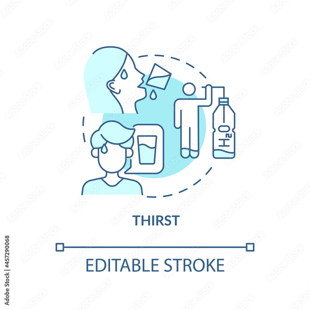 Thirst blue concept icon. Excessive thirst is diabetes sign. Fluid balance in body. Dehydration sign abstract idea thin line illustration. Vector isolated outline color drawing. Editable stroke Thirst blue concept icon. Excessive thirst is diabetes sign. Fluid balance in body. Dehydration sign abstract idea thin line illustration. Vector isolated outline color drawing. Editable stroke