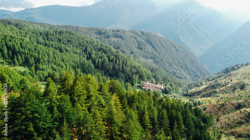 Aerial view of green fields and coniferous forest in the mountains. Italian Alps. © Iryna