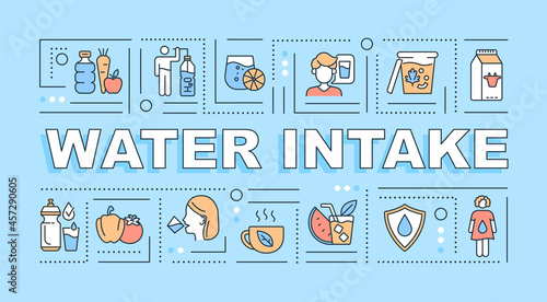 Water intake word concepts banner. Body fluid level. Daily hydration. Infographics with linear icons on blue background. Isolated creative typography. Vector outline color illustration with text