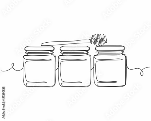 Continuous one line drawing of jars with honey and spoon icon in silhouette on a white background. Linear stylized.