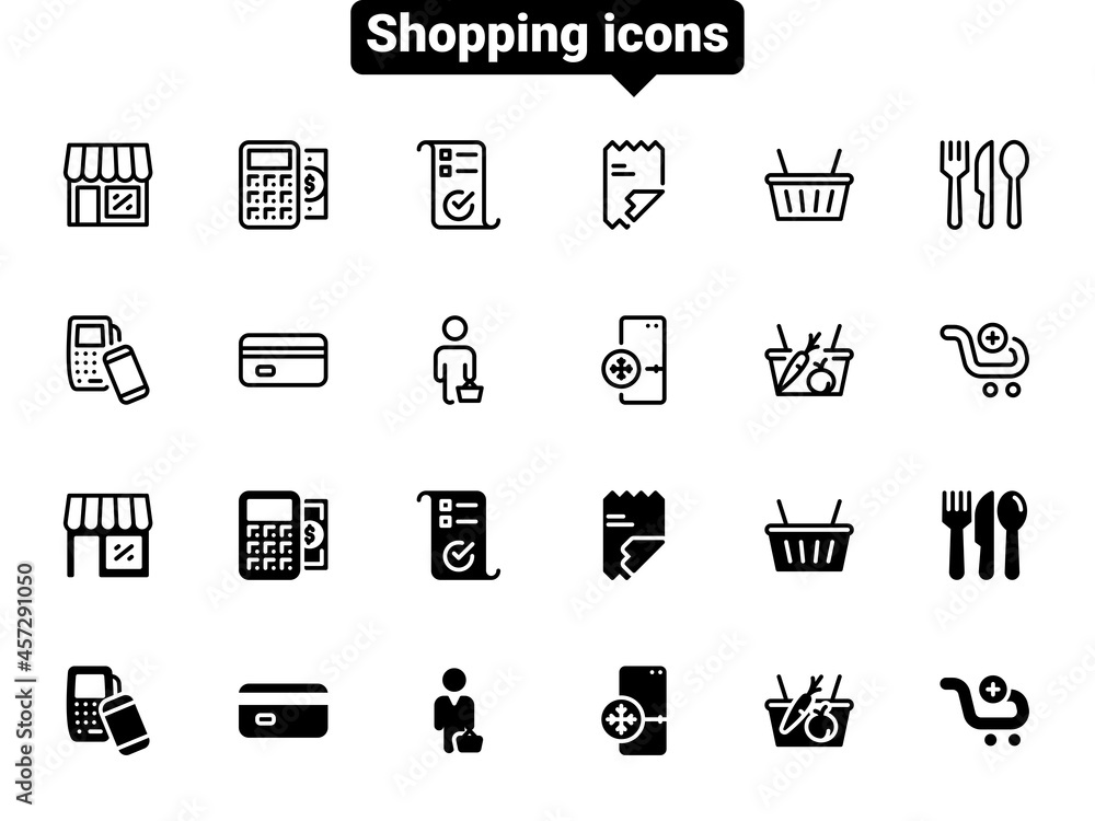 Set of black vector icons, isolated against white background. Flat illustration on a theme purchase of goods and services Set of black vector icons, isolated against white background. Flat illustration on a theme purchase of goods and services