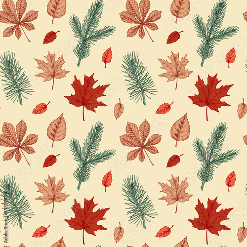 Colorful autumn seamless pattern with maple leaves and Christmas tree branches. Hand drawn vector illustration