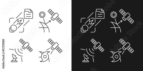 Climate monitoring satellites linear icons set for dark and light mode. Meteorological Earth observation system. Customizable thin line symbols. Isolated vector outline illustrations. Editable stroke