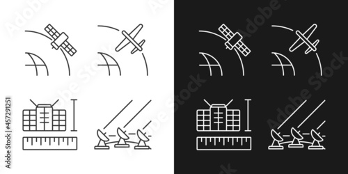 Satellite technologies linear icons set for dark and light mode. Geostationary, drone, nano, ground satelites. Customizable thin line symbols. Isolated vector outline illustrations. Editable stroke