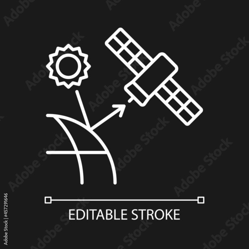 Remote sensing satellite white linear icon for dark theme. Digital Earth conceptualization. Thin line customizable illustration. Isolated vector contour symbol for night mode. Editable stroke