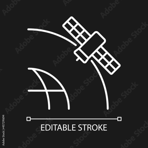 Geostationary Satellite white linear icon for dark theme. Rotation of celestial bodies. Thin line customizable illustration. Isolated vector contour symbol for night mode. Editable stroke
