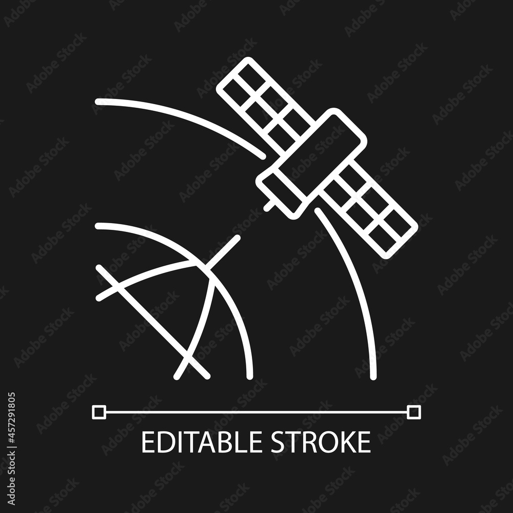 Polar Satellite white linear icon for dark theme. Artifial satelite investigating pole surface. Thin line customizable illustration. Isolated vector contour symbol for night mode. Editable stroke Polar Satellite white linear icon for dark theme. Artifial satelite investigating pole surface. Thin line customizable illustration. Isolated vector contour symbol for night mode. Editable stroke