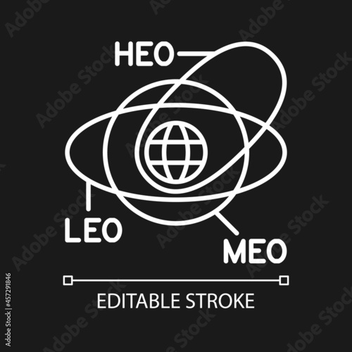 Geocentric Orbit type satellites white linear icon for dark theme. Rotation of celestial bodies. Thin line customizable illustration. Isolated vector contour symbol for night mode. Editable stroke