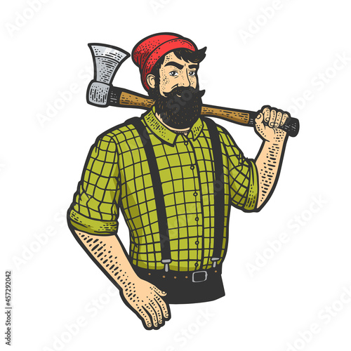 lumberjack guy color sketch engraving vector illustration. T-shirt apparel print design. Scratch board imitation. Black and white hand drawn image.