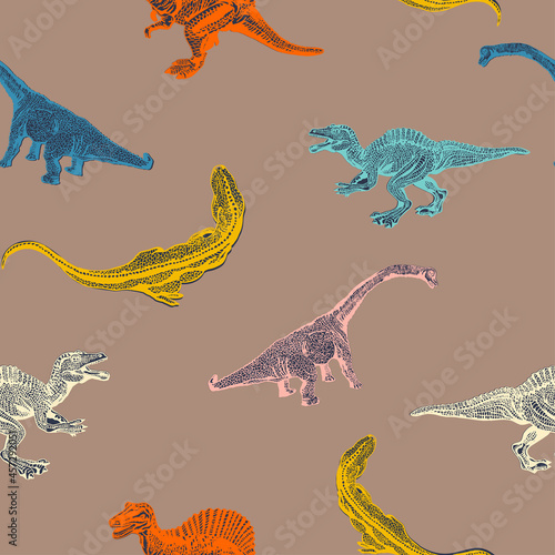 Cartoon Dino Pattern, Dinosaurus Drawing Silhouette Print. Vector