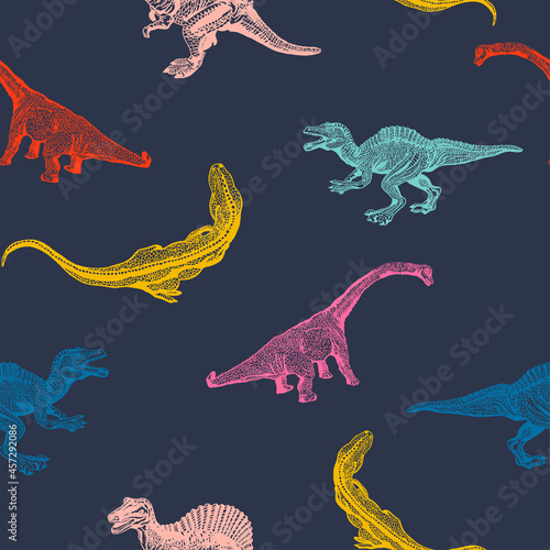 Dino Pattern, Dinosaurus Drawing Silhouette Print. Vector
