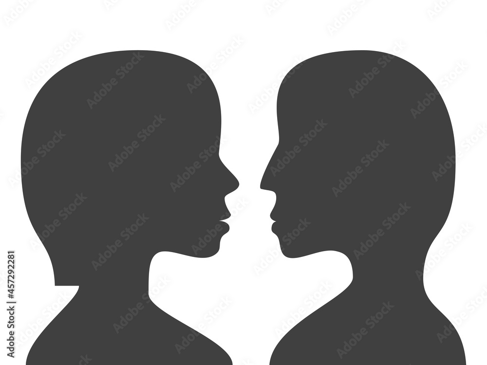 Black female and male head silhouettes isolated on white opposite each other. Relationship and psychology concept. Flat design. Vector illustration. No gradients, no transparency