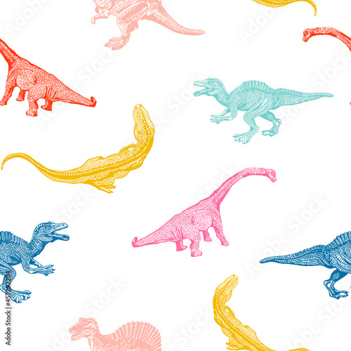 Cartoon Dino Pattern, Dinosaurus Drawing Silhouette Print. Vector