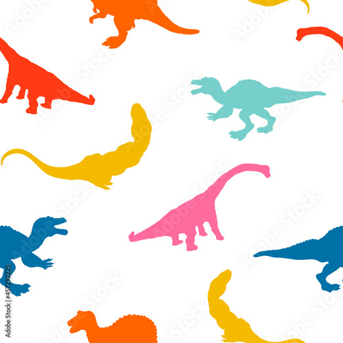 Set cartoon silhouette dinosaurus on seamless pattern isolated on white background. Vector