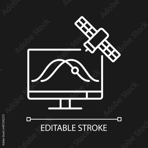 Satellite tracking white linear icon for dark theme. Artificial satelites orbits observation. Thin line customizable illustration. Isolated vector contour symbol for night mode. Editable stroke