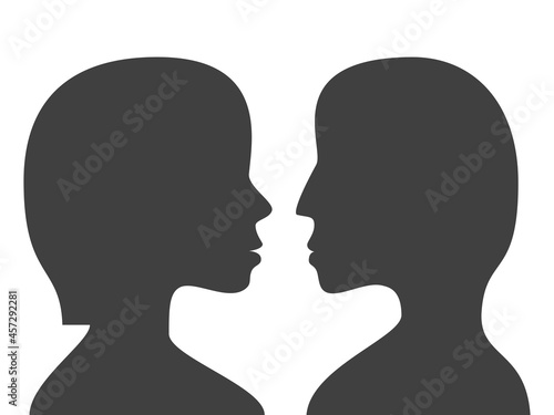Black female and male head silhouettes isolated on white opposite each other. Relationship and psychology concept. Flat design. Vector illustration. No gradients, no transparency