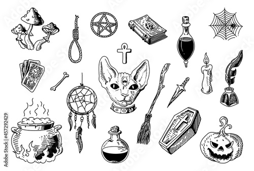 Vector collection of mystical magic boho elements isolated on white. Witchcraft astrological set. Hand drawn sketch esoteric objects