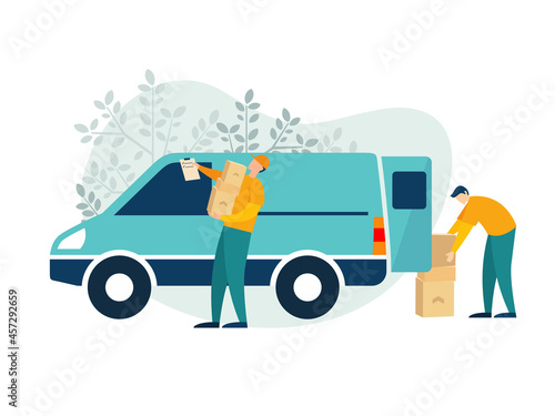 Vector illustration of delivery guy courier with colorful flat design