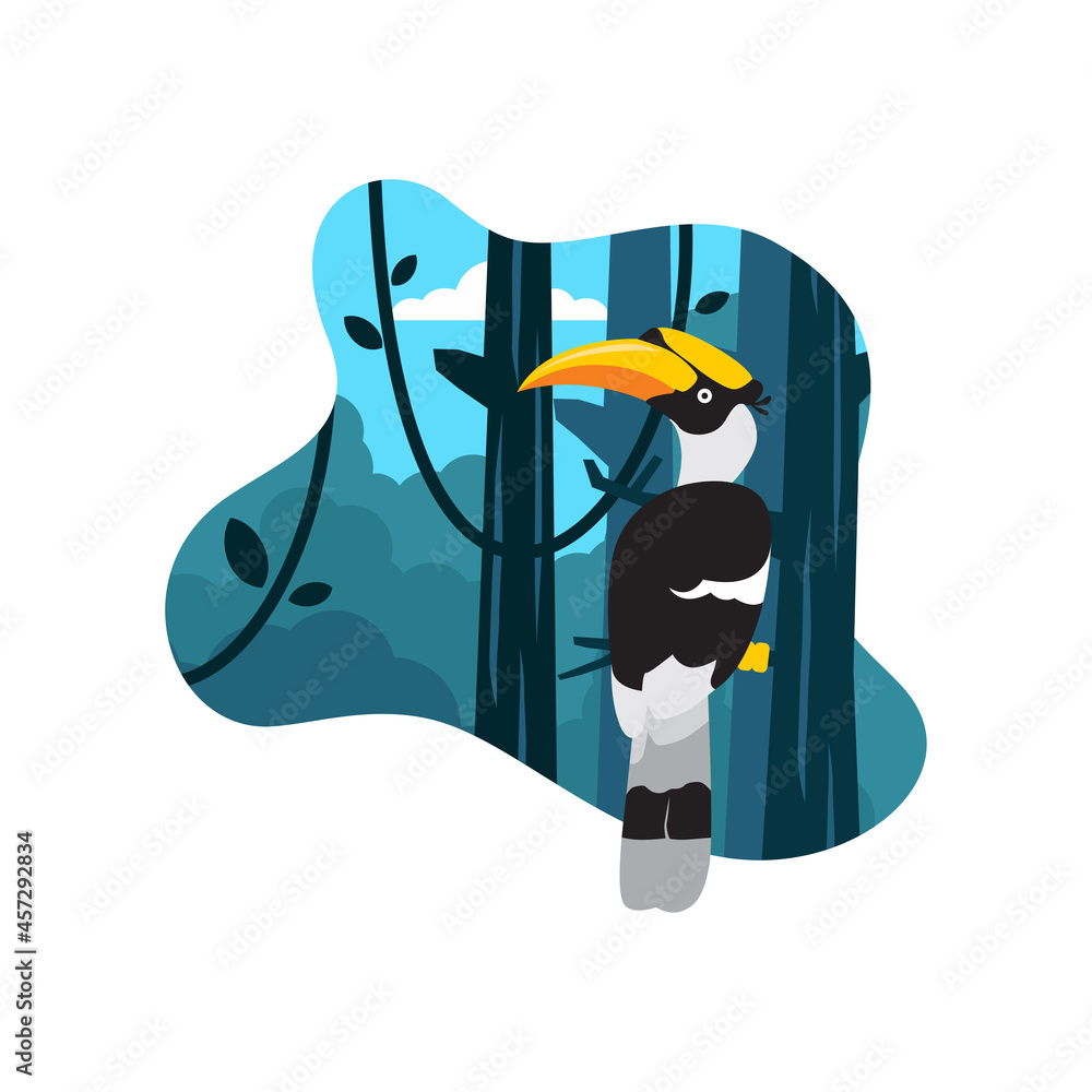 Fototapeta premium Bird colorful flat illustration with nature background, in landing page style