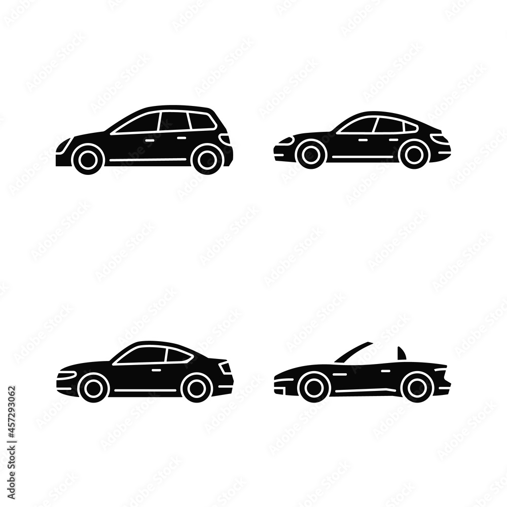 Practical sports cars black glyph icons set on white space. Hatchback model. Sports sedan. Coupe automobile. Cabriolet with retractable roof. Silhouette symbols. Vector isolated illustration