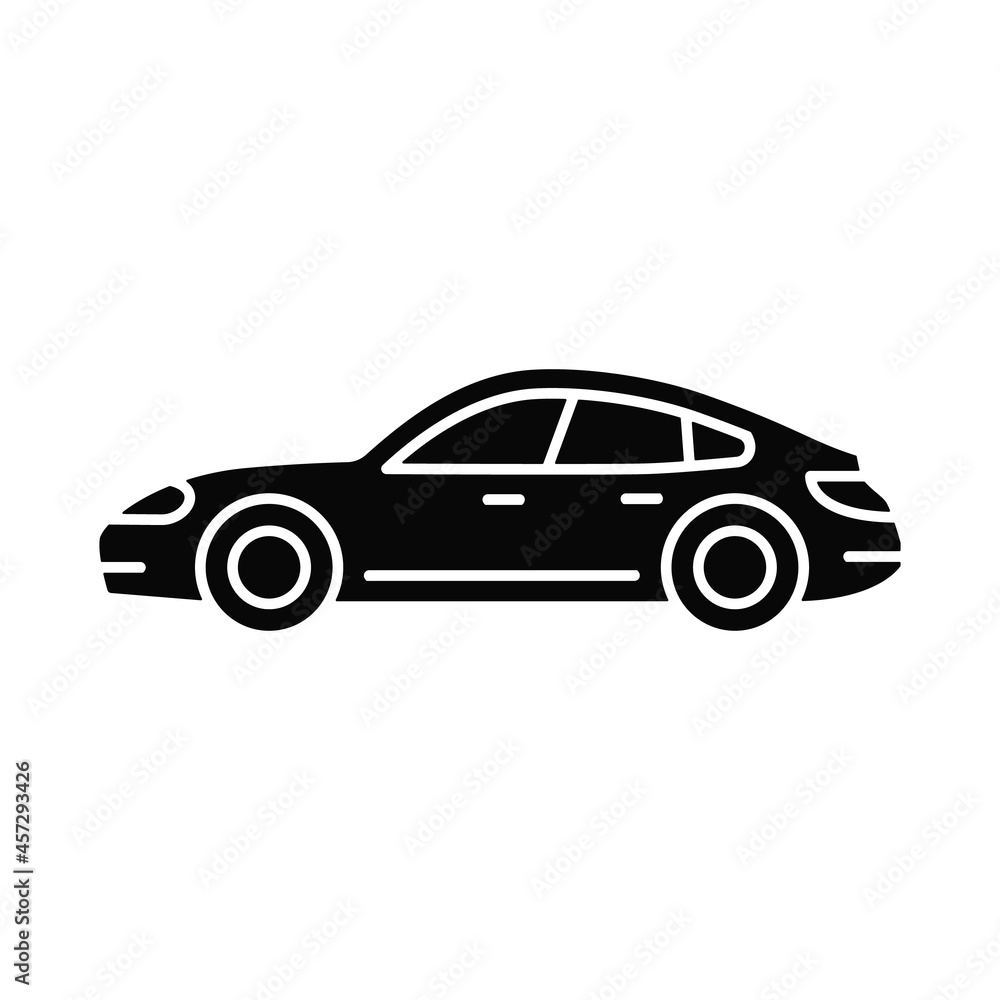Sports sedan black glyph icon. Luxury passenger vehicle. Four-door sports automobile. Performance-focused car. Auto with sporty handling. Silhouette symbol on white space. Vector isolated illustration