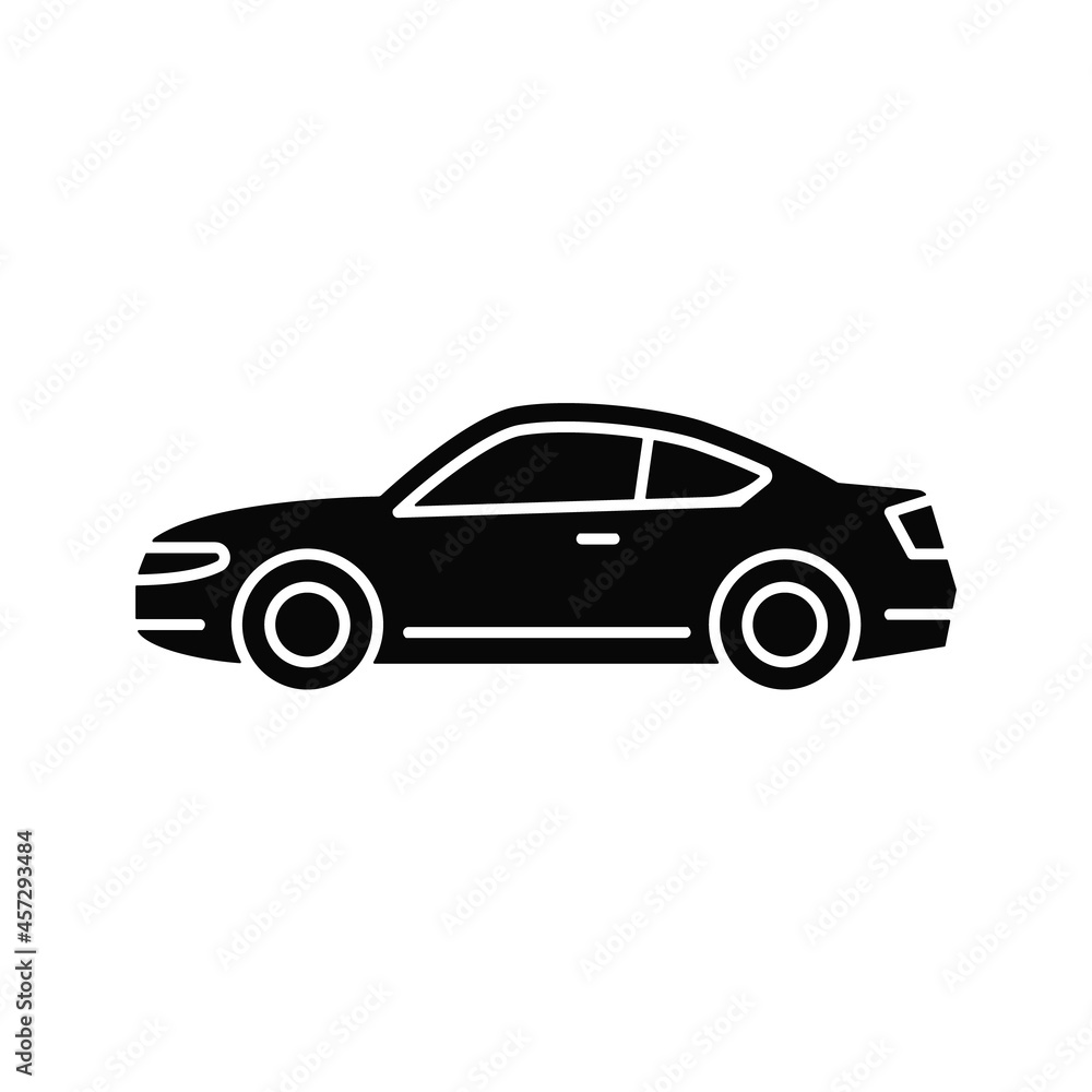 Coupe car black glyph icon. Two-door sports automobile. Performance-oriented vehicle. Fixed roof. Passenger compartment and trunk. Silhouette symbol on white space. Vector isolated illustration