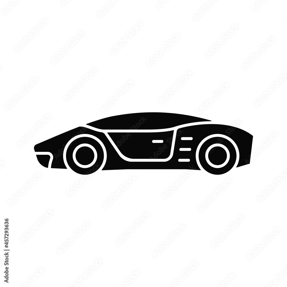 Supercar black glyph icon. High-performance luxury sports vehicle. Exotic car. World-class auto. Advancement in automotive technology. Silhouette symbol on white space. Vector isolated illustration