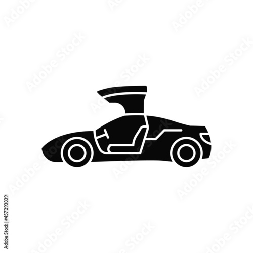 Gullwing-doored vehicle black glyph icon. Automobile with falconwing doors opening upward. Stylish solution for sports car. Silhouette symbol on white space. Vector isolated illustration