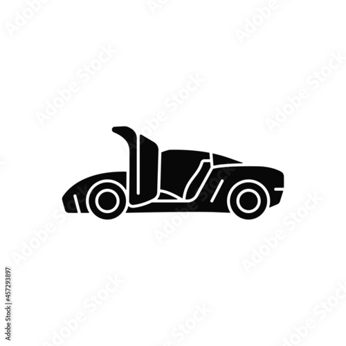Car with synchro helix doors black glyph icon. Practical solution for sports vehicle. Hinge mechanism. Rotating outwards and upwards. Silhouette symbol on white space. Vector isolated illustration