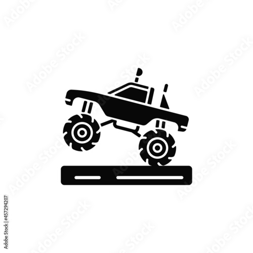 Monster truck racing black glyph icon. Pickup with oversized tires. Competitive and entertainment event. Stunt driving experience. Silhouette symbol on white space. Vector isolated illustration