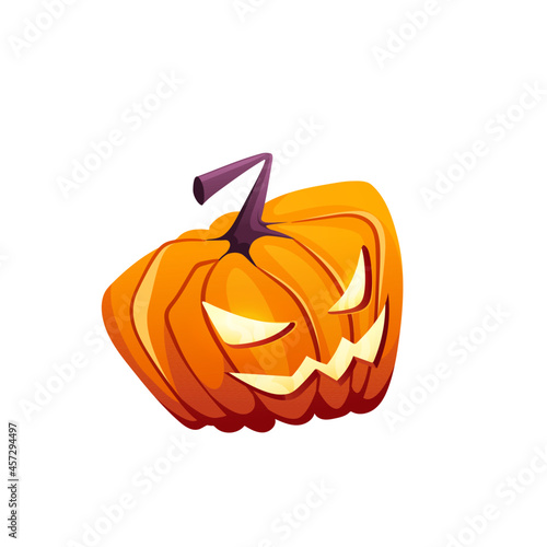 Halloween pumpkin with happy scary face on white isolated background for your design. Vector cartoon Illustration in game style for banner or app.